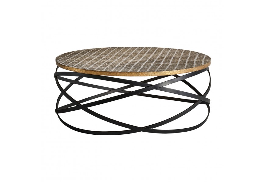 Designový industriální konferenční stolek Nassau s kulatou povrchovou deskou zlaté barvy as černou kovovou konstrukcí