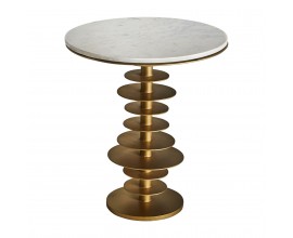 Stylový art-deco kulatý příruční stolek Amuny s mramorovou vrchní deskou a spirálovou kovovou podstavou zlaté barvy 58cm