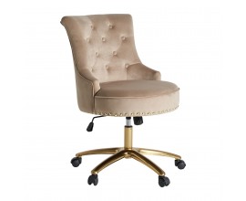 Luxusní art-deco otočná kancelářská židle Portkey se sametovým světle hnědým latte čalouněním a zlatou konstrukcí