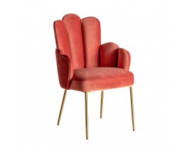 Art-deco luxusní židle Silia lasturovitého tvaru se sametovým čalouněním korálové barvy a se zlatýma nohama