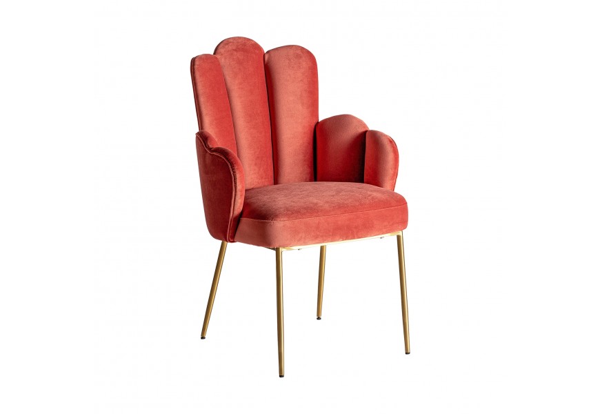 Designový art-deco židle Silia s čalouněním ze sametu v korálové barvě a s kovovými zlatýma nohama