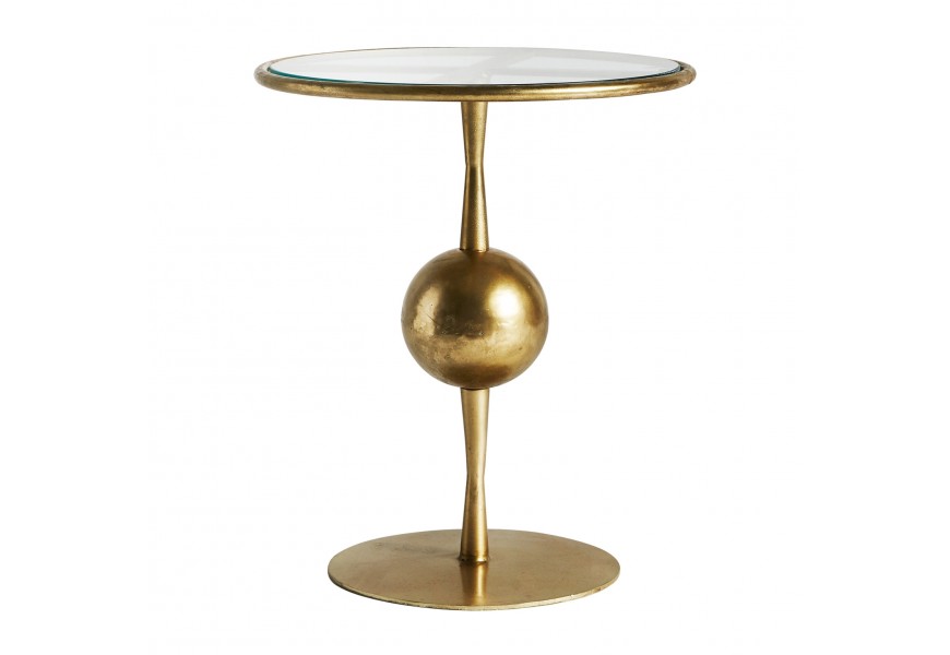 Elegantní kulatý příruční stolek Terrie v art-deco stylu zlaté barvy se skleněnou deskou