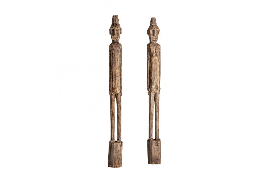 Stylový set vysokých etno figur Ipkins z přírodně hnědého masivního dřeva s povrchovým vyřezáváním