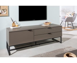 Designový TV stolek Marsh v matně šedé barvě se dvěma šuplíky a dvířky s černými kovovými nožičkami
