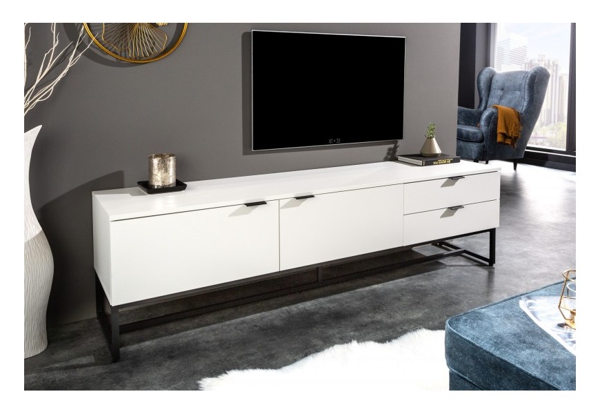 Moderní TV stolek Marsh do obývacího pokoje v bílém provedení se dvěma dvířky a šuplíky 180cm