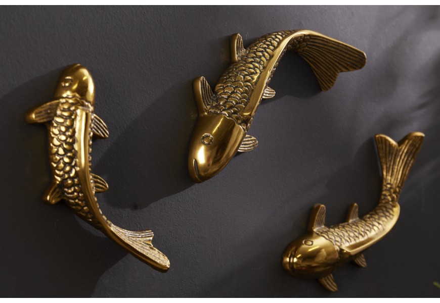 Nadčasový set nástěnných dekorací Amur ve tvaru ryby Koi ve zlatém barevném provedení v orientálním stylu
