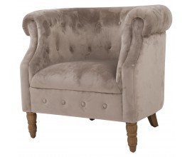 Luxusní chesterfield křeslo Chelsea do obývacího pokoje s béžovým sametovým čalouněním a s vyřezávanými nožičkami 78cm 