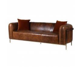 Luxusní vintage kožená trojsedačka Leatheriva do obývacího pokoje v ořechově hnědé barvě s kovovými nožičkami zlaté barvy 240cm