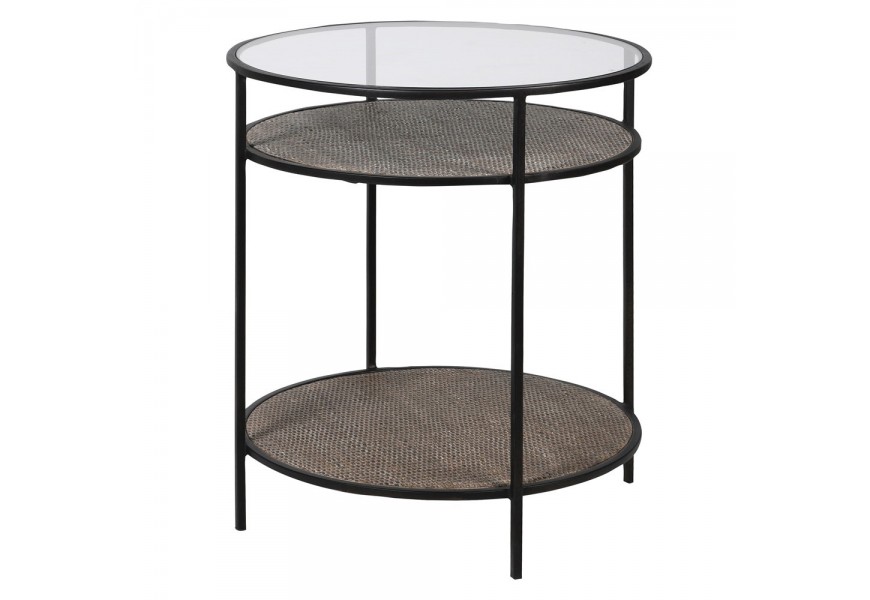 Designový kulatý konferenční stolek Diveni Black ze skla s černou kovovou podstavou a deskami s ratanovým vzorem