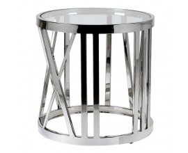 Chromový art-deco příruční stolek Obey kruhového tvaru s kovovou konstrukcí s povrchovou deskou ze skla 55cm
