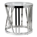Chromový art-deco příruční stolek Obey kruhového tvaru s kovovou konstrukcí s povrchovou deskou ze skla 55cm
