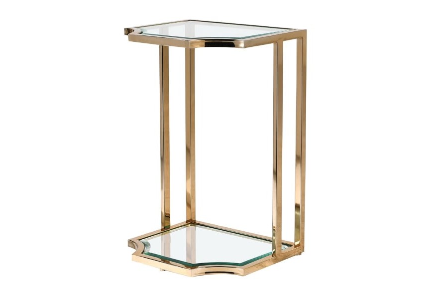 Designový art-deco příruční stolek Aries se zlatou konstrukcí a skleněnou povrchovou deskou