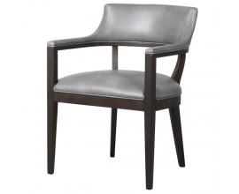 Retro designová jídelní židle Apalla s šedým koženým potahem a tmavě hnědýma masivními nohama 82cm
