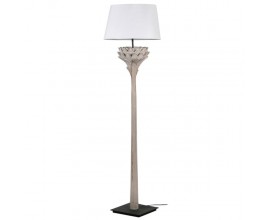 Vintage stojací lampa Aleyna s dřevěnou mahagonovou podstavou s vyřezáváním a bílým stínítkem 178cm