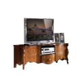Luxusní rustikální TV stolek z masivu Pasiones v hnědé barvě s ručně vyřezávanými detaily a intarzií