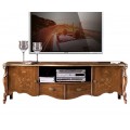 Luxusní hnědý rustikální TV stolek z masivu Pasiones s intarzií ručně vyřezávaný