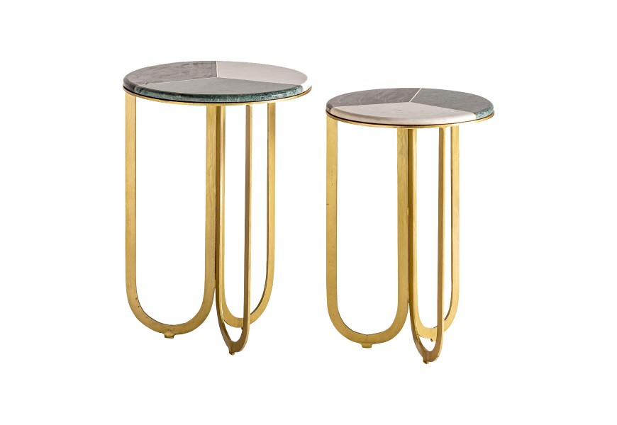 Designový mramorový set šedo-zlatých kruhových příručních stolků Corbusier s kovovými nohami a povrchovou deskou tří barev