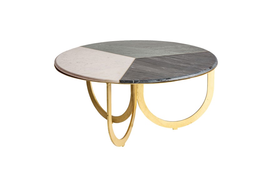 Luxusní mramorový šedo-zlatý kruhový konferenční stolek Corbusier s kovovými nohami a povrchovou deskou tří barev v art-deco sty