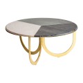 Luxusní mramorový šedo-zlatý kruhový konferenční stolek Corbusier s kovovými nohami a povrchovou deskou tří barev v art-deco sty