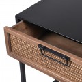 Industriální designový kovový černo-hnědý noční stolek Depeche s ratanovou zásuvkou s černou rukojetí 50cm