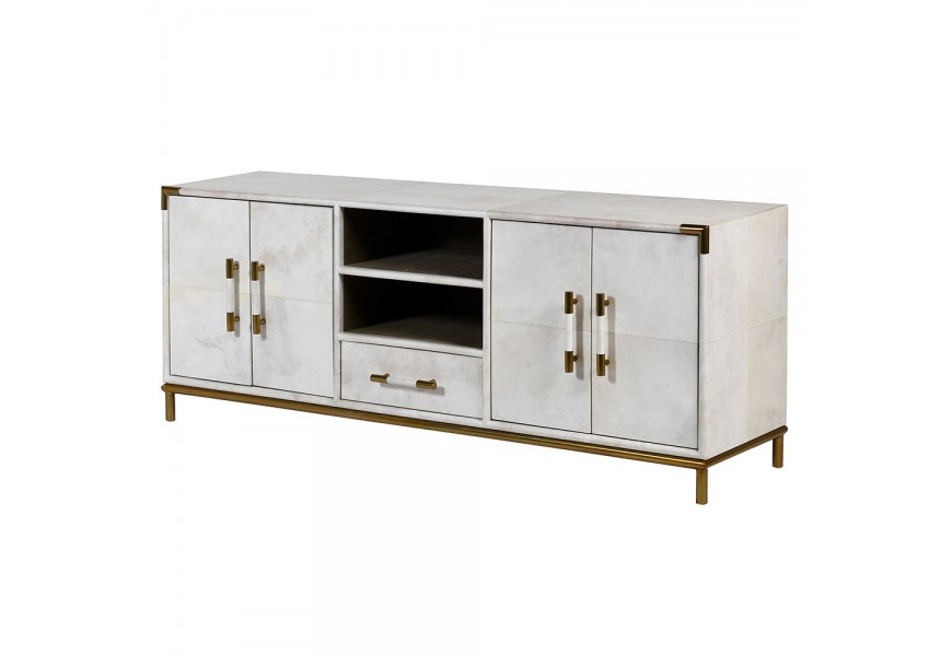 Art-deco TV stolek Pellia Marble do obývacího pokoje s koženým potahem bílé barvy s mramorovým efektem 162cm