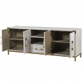 Art-deco TV stolek Pellia Marble do obývacího pokoje s koženým potahem bílé barvy s mramorovým efektem 162cm