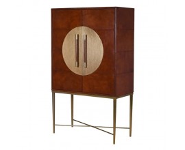 Vintage barová skříňka s vinotékou Pellia s luxusním koženým potahem a zlatým kovovým nohama 165cm