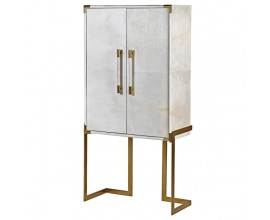 Art-deco uxusná barová skříňka Pellia Marble s potahem z pravé kůže bílé barvy se zlatým zdobením 163cm