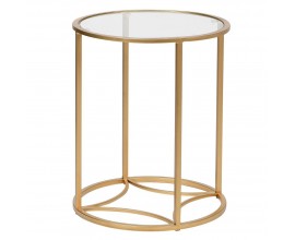Art-deco kulatý příruční stolek Eloisse do obývacího pokoje se zlatou konstrukcí a skleněnou povrchovou deskou 38cm