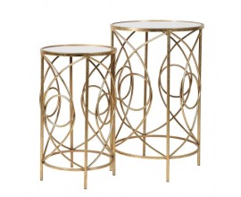 Art-deco set dvou příručních stolků Satordi s kruhovou konstrukcí zlaté barvy a se zrcadlovou povrchovou deskou