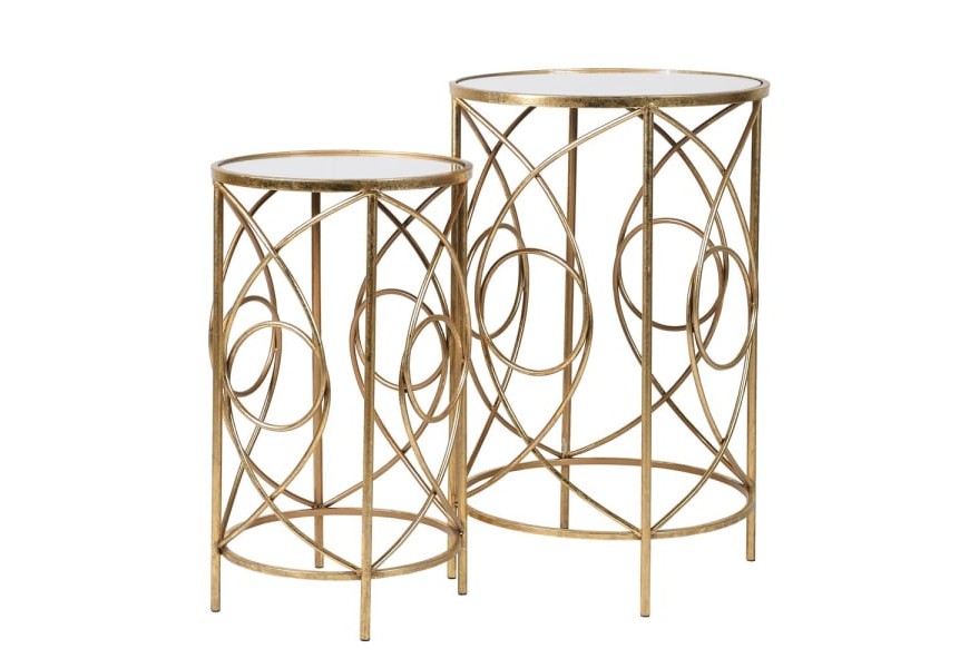 Art-deco set dvou příručních stolků Satordi s kruhovou konstrukcí zlaté barvy a se zrcadlovou povrchovou deskou