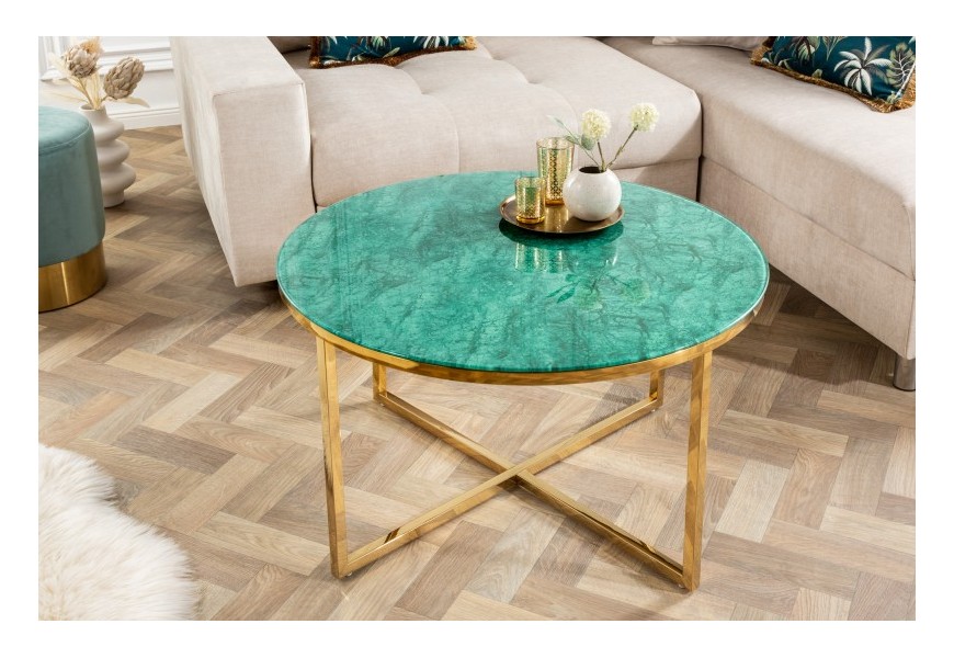 Smaragdově zelený konferenční stolek Gold Marbleux ve stylovém art-deco provedení s kovovými nožičkami zlaté barvy