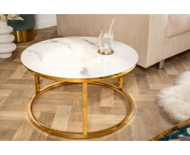 Art-deco bílý mramorový příruční stolek Ella v kulatém tvaru s konstrukcí ve zlaté barvě