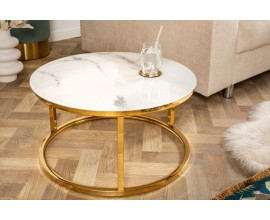 Art-deco bílý mramorový příruční stolek Gold Marbleux v kulatém tvaru s konstrukcí ve zlaté barvě