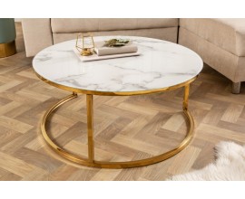 Designový konferenční stolek Gold Marbleux s kulatou moderní vrchní deskou s mramorovým vzhledem a zlatou podstavou 80cm