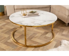 Stylový konferenční stolek Gold Marbleux v bílém provedení s deskou s mramorovým vzezřením a zlatou podstavou