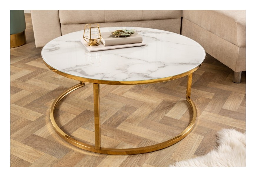 Stylový konferenční stolek Gold Marbleux v bílém provedení s deskou s mramorovým vzezřením a zlatou podstavou