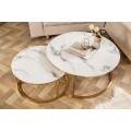 Designový konferenční stolek Gold Marbleux s kulatou moderní vrchní deskou s mramorovým vzhledem a zlatou podstavou 80cm