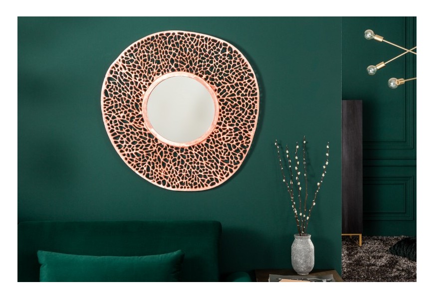 Moderní nástěnné zrcadlo Hoja s kulatým rámem z kovu v měděné barvě 76cm