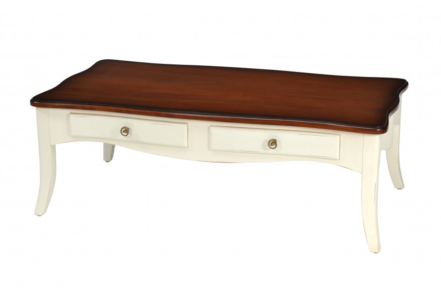 Konferenční stolek Deliciosa v bílé barvě v provence stylu z masivního mahagonového dřeva a šuplíky