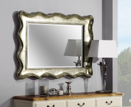 Luxusní obdélníkové nástěnné perleťové zrcadlo Preciosa se zvlněným masivním rámem z mahagonového dřeva zlaté barvy 120cm