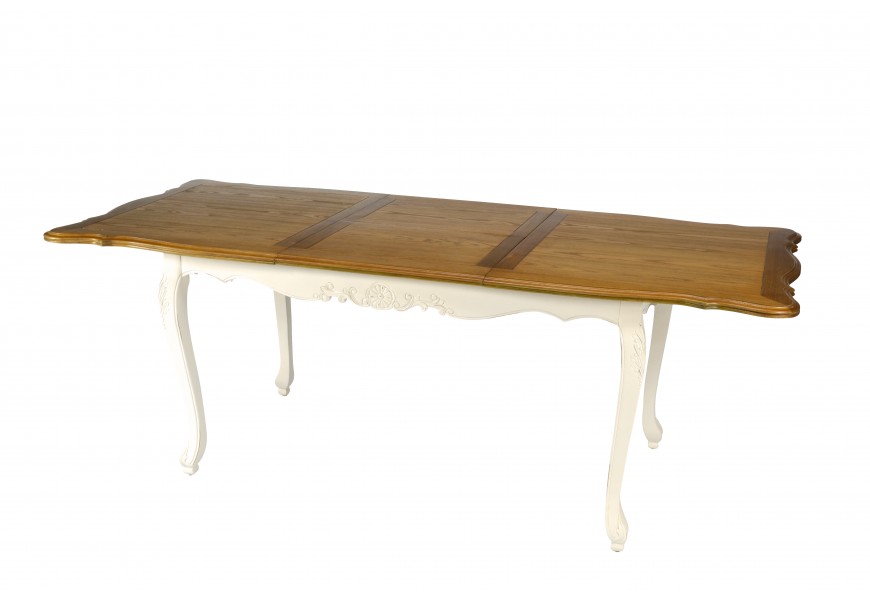 Dřevěný rozkládací bílo hnědý jídelní stůl Preciosa s ručně vyřezávanýma nohama z mahagonového masivu ve stylu provence