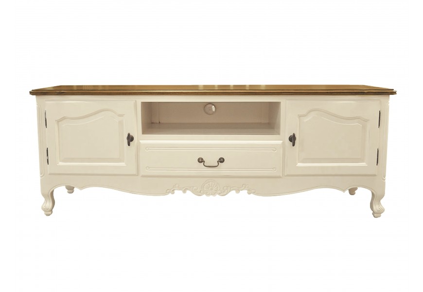 Exkluzivní provence TV stolek z masivu Preciosa v krémově bílé barvě se zdobenými nožičkami a hnědou deskou
