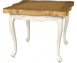 Rozkládací provence čtvercový jídelní stůl vyrezávaný Preciosa v bílé barvě s přírodně hnědou vrchní deskou 156cm