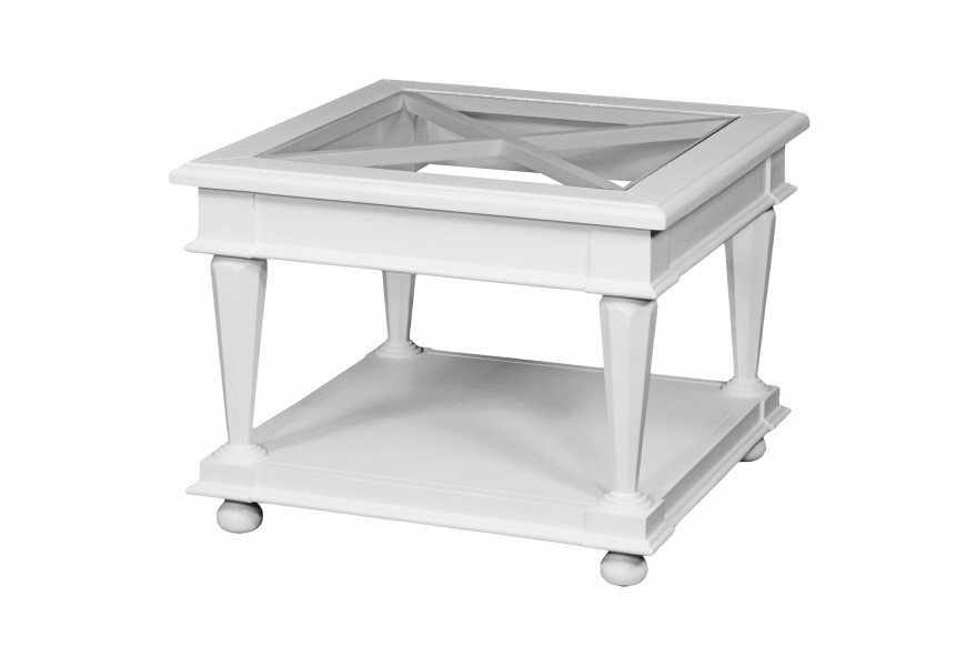 Elegantní provence masivní příruční stolek Belliene z mahagonového masivu bílé barvy se skleněnou deskou