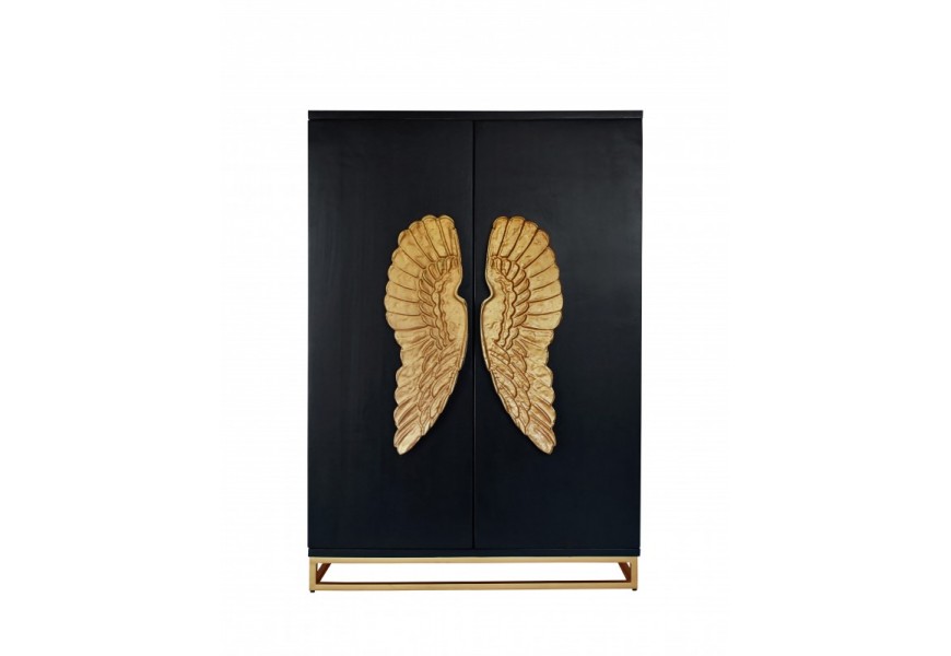 Exkluzivní skříňka Angela z mangového dřeva s dvoukřídlými dvířky v černé barvě s výraznými zlatými křídly