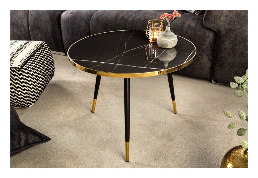 Designový kulatý konferenční stolek Nudy s černou vrchní deskou s mramorovým vzhledem se třemi nožičkami