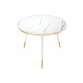 Bílý konferenční stolek Nudy s mramorovým designem vrchní desky s kovovými prvky zlaté barvy