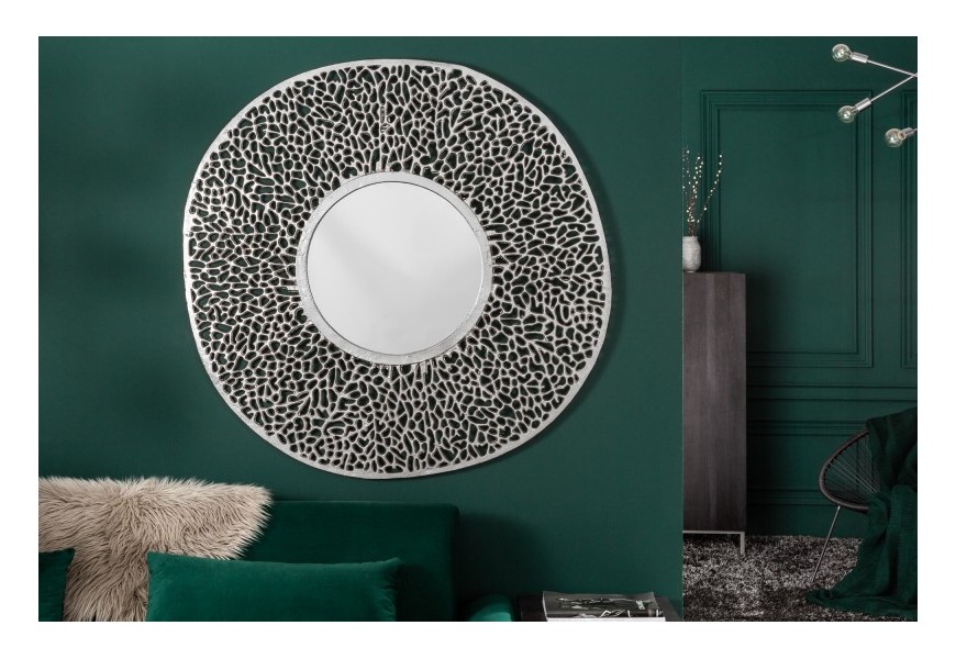 Art-deco kulaté nástěnné zrcadlo Hoja z kovové slitiny ve stříbrné barvy 112cm