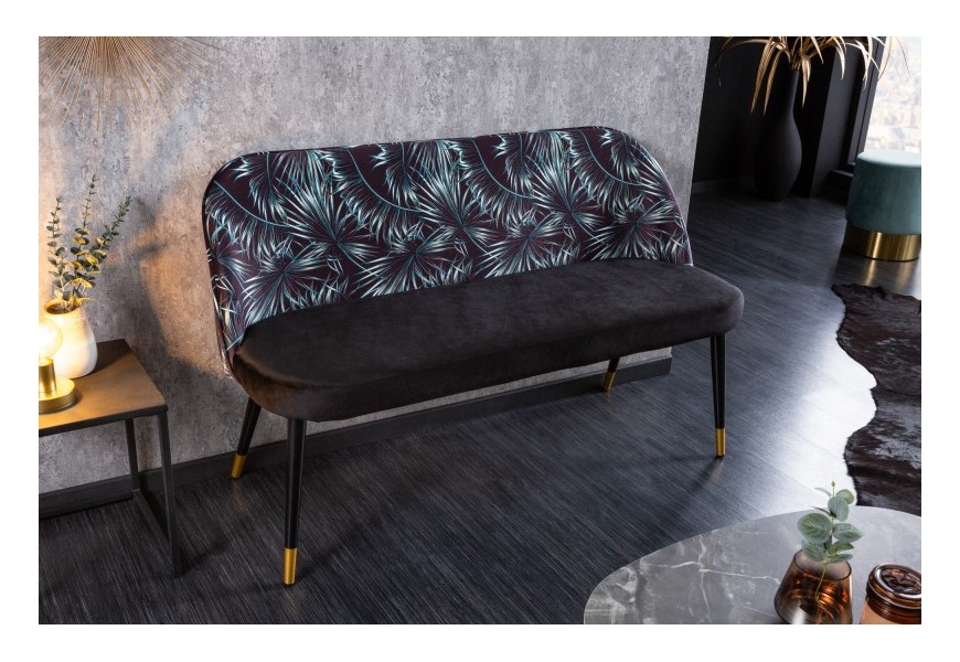Designová art-deco lavice Floreque černé barvy s potahem ze sametu s palmovým vzorem as kovovými nožičkami